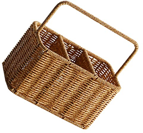 SOLUSTRE Woven Divided Cutlery Storage Organizer Basket Portable Silverware Holder for Kitchen Countertop Dining Room Utensil Caddy Compact 8.85X8.66X4.92 Inch