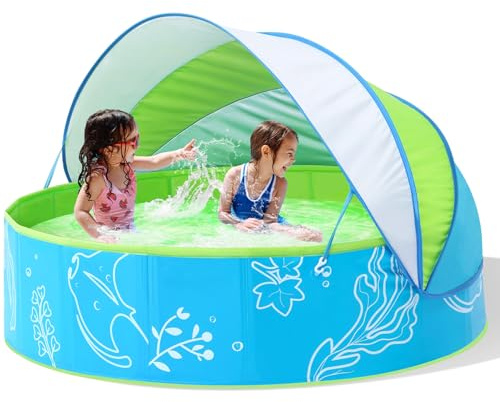Hikiddy Planschbecken mit Schatten:31.5Zoll /47 Zoll / 63 Zoll Pop-Up Splash Pool mit Schatten für Sommer Strand Garten (Grün-blau, 120CM)