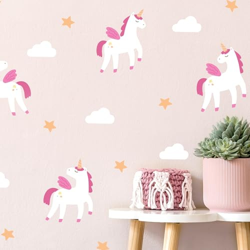 Klebekerlchen® | Wandtattoo Kinderzimmer Mädchen & Junge, Wandsticker selbstklebend, Kinderzimmer Deko – Wandtattoo Einhorn mit Flügeln Wolken Sterne Sticker (Set mit 23 Motiven)
