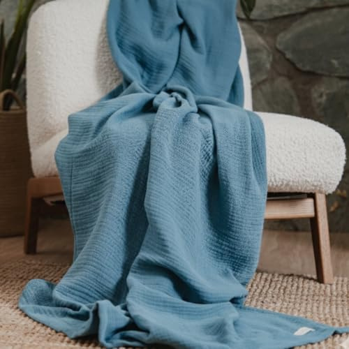 Goqan Muslin Blanket Queen 79x90 – 100% Turkish Cotton 4 Layer Boho Muslin Blanket for Adults, Four Season, Lightweight and Thin, Soft, Breathable for Bed - Teal