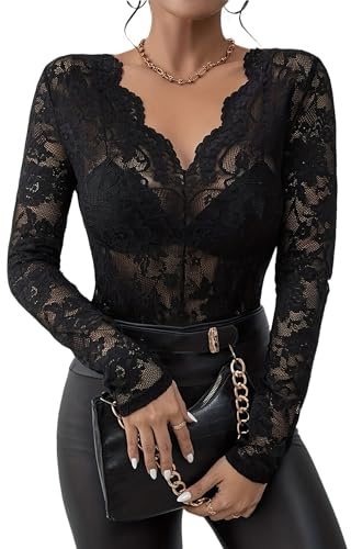 LEBOOBELL Blusas de Encaje para Mujer, Camisetas Y2K con Cuello en V Transparentes con Malla Floral y Manga Larga Negro 2XL