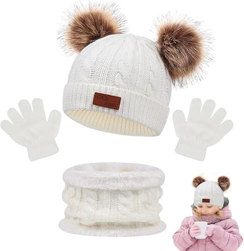 DAJASD Kids Winter Hat Scarf Gloves Set, 3 in 1 Kids Winter Warm Beanie Hat Scarf Gloves Set, Warm Thermal Knitted Beanie Cap Snood Neck Warmer Touchscreen Mitten for Girls Boys Age 4-10