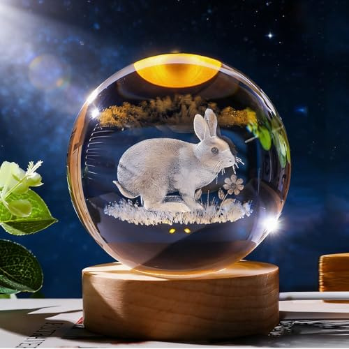 TaimeiMao Osterdeko 3D Kristallkugel Nachtlicht, 60mm Osterhase Glaskugel Deko, Glaskugel Lampe Dekoration mit Holzsockel und USB, Crystal Ball für Schlafzimmer Dekor Frühlingdeko Zuhause Geschenk