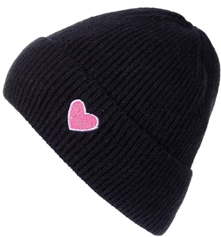 styleBREAKER Damen Strick Beanie mit Herz Stickerei & Fleece Futter | Warme Wintermütze Einheitsgröße 56-59 cm | Weiche gefütterte Beanie Mütze, Farbe:Schwarz