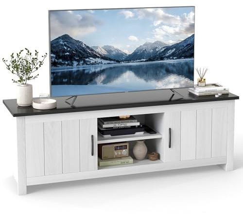 COSTWAY TV Stand for TVs up to 65 Inches, Wooden TV Cabinet Media Entertainment Center with 2 Doors and Storage Shelves, 145cm Modern TV Unit Console Table for Living Room Bedroom (Black+White)