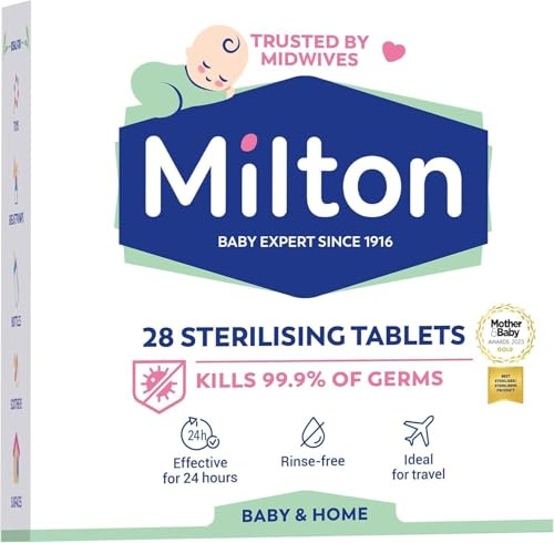 Milton Sterilising Tablets - 28 Tablets for Cleaning Baby Bottles, Breastfeeding Accessories & Equipment - Rinse-Free, Travel-Friendly & Household Hygiene Solution - for Home or On-The-Go Use