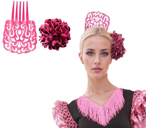 Großer Flamenco-Haarkamm mit Blume, für Damen, 2-teiliges Set, traditionelles Zubehör für Aprilmesse, Sevillanu-Kostüm und andalusische Partys (Rosa/Schwarz)