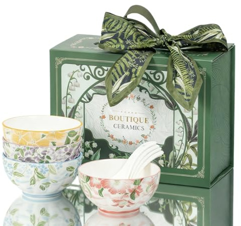 Ceramic Bowls and Spoons set, Rice Bowl Set with Gift Box, Soup Bowls, Dessert Bowls, for Rice, Cereal, Dessert, Soup, Oatmeal, Ice Cream, Salad, Underglaze Colored Ceramic Bowl, 4 bowls and 4 spoons