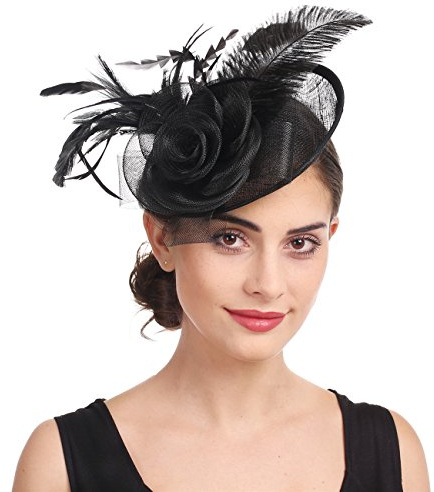 Fascinator Blume Netzmütze Feder Mesh Netz Schleier Tea Party Derby Hut mit Clip und Haarband für Frauen (A4-Black)