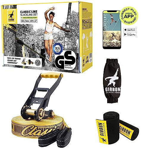 Gibbon Slacklines ClassicLine Komplett-Set inkl. Baumschutz | 15m | TÜV Geprüft | Balane und Spaß mit Trampolin-Effekt | Ergonomische Ratsche | Perfekt für Anfänger und Fortgeschrittene