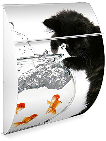 banjado Design Briefkasten - Modell Riviera 46x33,5x13cm groß - verzinkter Stahl weiß - Postkasten Öffnungsstopp großer A4 Einwurf Zylinderschloss 2 Schlüssel - Motiv Katze Und Fisch