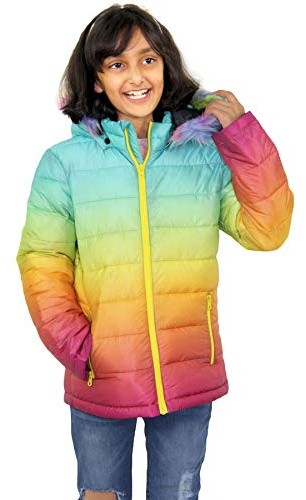 A2Z 4 Kids Flickor Puffer Jacka Faux Päls Hooded 2 Tona 3D Urblekt Mode - Jacket JK22 Rainbow 13
