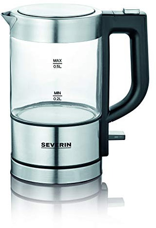 SEVERIN Mini Glas Wasserkocher 0,5 L, leistungsstark und kompakt in hochwertigem Design, elektrischer Wasserkocher mit Kalkfilter, Edelstahl/schwarz, WK 3472