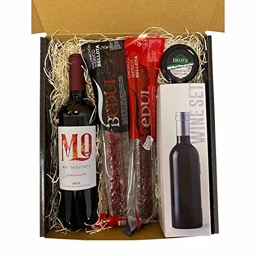 Lote con salchichón y chorizo ibérico, vino Rioja set para vinos (3 piezas) sacacorchos con corta-cápsulas y abridor, tapón dosificador y recoge-gotas y crema torta