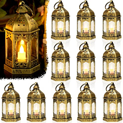 Cunhill 12 Pieces Mini Lanterns with Flickering LED Candle Vintage Decorative Hanging Candle Lanterns for Ramadan Wedding Decorations Party Table Centerpiece, Battery Included(Gold)