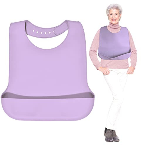 We&Life Silikon Erwachsene Lätzchen für ältere Menschen, Männer und Frauen - Waschbar mit Lebensmittelfänger, Flieder, Violett (groß), Large - 14.5in(w) x 21in(h)