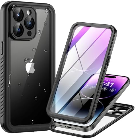 Lanhiem för iPhone 14 Pro Max skal vattentätt, iPhone 14 Pro Max, skyddsfodral, vattentätt, 360 utomhus, stötsäkert, dammsäkert pansarfodral med kameraskydd/skärmskydd, Svart