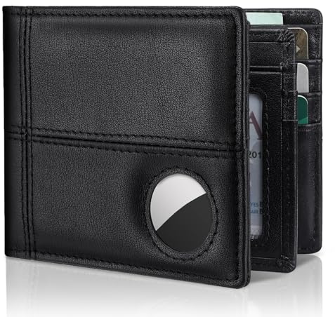 Herrplånbok med AirTag-hållare, dubbelvikt läder RFID-blockering 1-2 ID Windows 12-13 korthållare, presentförpackning och skärmskydd ingår, AirTag ingår inte, Svart, retro