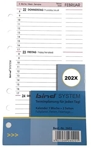 BIND B260223 Kalendereinlage für Managerkalender A6, Timer Einlage für Kalender Jahr 2023, 1 Woche / 2 Seiten, Terminkalender mit System, Kalendarium für bind Systemplaner und Standard Timeplaner