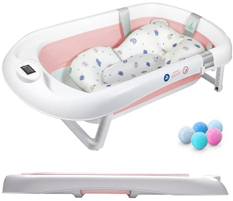 Bañera Plegable Bebé Con Cojín De Baño Antideslizante - bañera Bebe Plegable Con Termómetro - Asiento Bañera Bebe - Desde El Nacimiento Hasta Los 3 Años - Regalos De Nacimiento (ROSA)