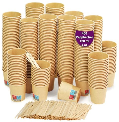 400 gobelets jetables en kraft pour café de 120 ml / 4 oz, gobelets en carton kraft jetables avec agitateurs en bois pour café. Pour boissons chaudes et froides
