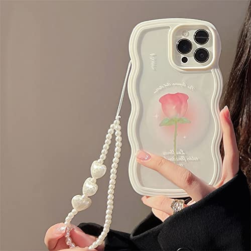 Emlivi Funda para iPhone 14 con pulsera de perlas flores moda teléfono móvil ondas funda dulce fresa Bumper Cover suave silicona TPU Case para iPhone 14, rosa