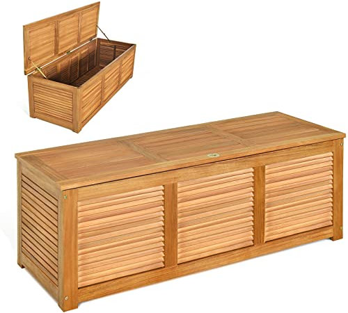 KOMFOTTEU Cassapanca da Giardino, Contenitore Portaoggetti in Legno di Acacia, con Coperchio Antipolvere e Maniglia, 178L, Baula Contenitore Legno da Esterno e da Interno, 120 x 45 x 45cm