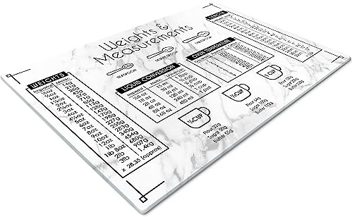 Glass Chopping Board 50 x 40 | Kitchen Worktop Protector | Multifunctional Cutting Board | Work Top Savers | Kitchen Accessories | Extra Large | Weights & Measurements Marble Effect