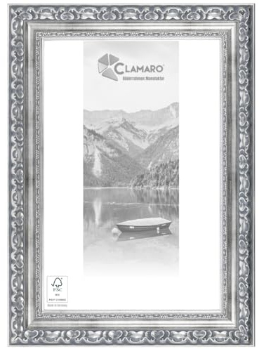 CLAMARO 'OTTO' Bilderrahmen Antik 50x70 Massivholz | Silber Grau | 80 mm breite Shabby Chic Vintage Barock Leiste | Holzrahmen inkl. Acrylglas, Rückwand, Metall Aufhänger