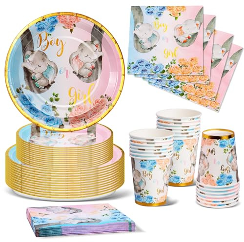 Nkaiso Gender Reveal Party Piatti, 96Pezzi Elefante Baby Shower Stoviglie per Feste, Gender Reveal Supplies per Piatti Bicchieri Tovaglioli Feste Compleanno Decorazioni -24 Ospiti