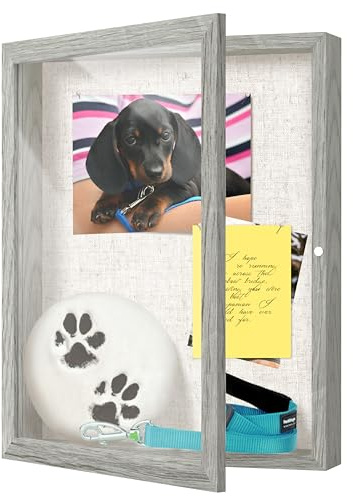 FrameWorks 11x14 Deep Shadow Box Frame, Wooden Display Case w. Linen Board & Tempered Glass Door - Grey Woodgrain - Medium - Wall Mounted