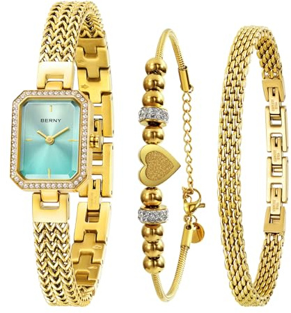 BERNY Guldklocka för kvinnor Petite Armband Klockor Diamond Accented Case 3ATM Vattentät Ladies'Minimalist Klockor och Armband Set