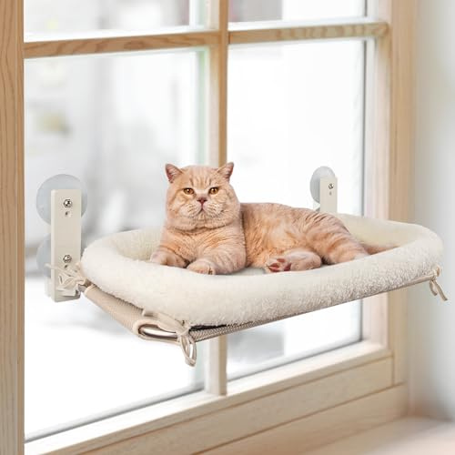 PEFUNY Perchoir de fenêtre pour Chat Pliable sans Fil, Hamac pour Chat pour fenêtre et Mur, avec 4 ventouses, Cadre Setal Robuste pour fenêtres en Verre et Murs intérieurs (Blanc avec lit Moyen)