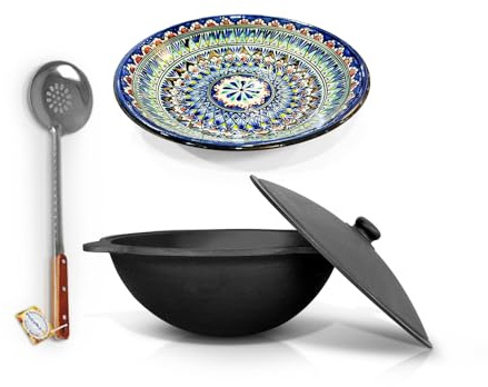 Zarenhoff Set - Kasan Usbekisch Gusseisen 12L Runder Boden, Deckel, Schaumlöffel für Plov, Lagan Ø 34 cm (Set - 604)
