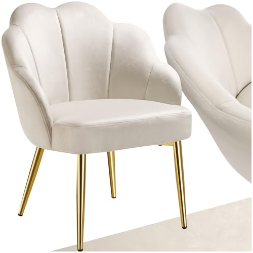 tectake® Sillón de Cóctel, Acolchado, Tapizado de Terciopelo, Butaca con Diseño Curvado, Patas de Acero con Topes, Sillón de Lectura y Salón, Muebles Salón y Dormitorio - 1 sillón Crema/Oro