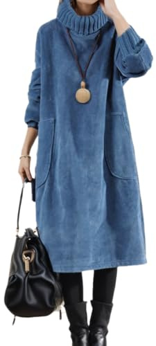 Robe d'hiver en velours côtelé épais à manches longues et col roulé avec poches pour femme, bleu, XL