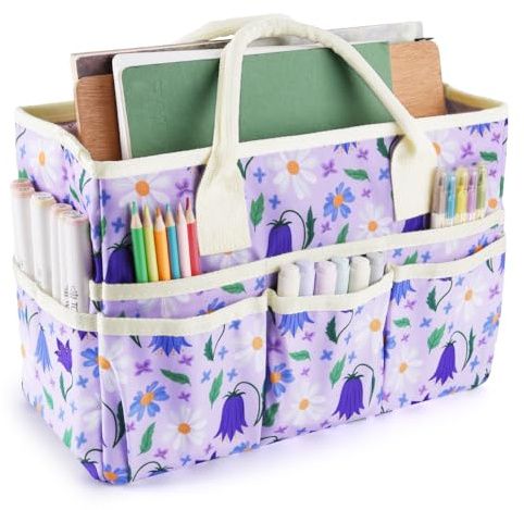 E-WEICHEN Craft Organizer Tote Bag Art Storage Caddy with Multiple Pockets Containers for Art,Craft,and Office Supplies Storage.Purple Campanula