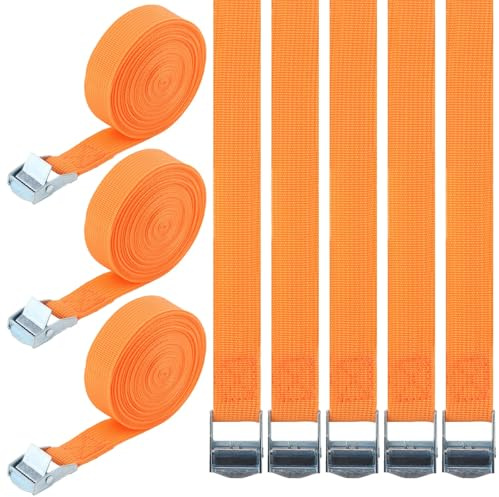 LOLYSIC Lot de 10 Sangles d'Arrimage 5m x 25mm, Sangle de Serrage Orange avec Boucle Métallique, Petite Sangle à Cliquer Robuste pour Déménagement et Porte Vélo