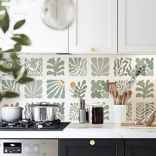Alwayspon Piastrelle autoadesive da parete in vinile, 10 pezzi, 15 cm, staccabili e incollate, per pavimenti in vinile, impermeabili, paraspruzzi per cucina, bagno, verde salvia floreale