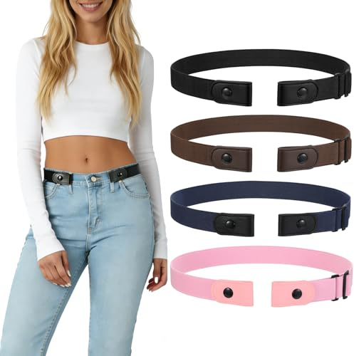 LEACOOLKEY 4 Stück ohne Schnalle Elastischer Stretch Gürtel für Damen Unsichtbarer Justierbarer Keine Schnalle Gürtel für Jeans Hosen
