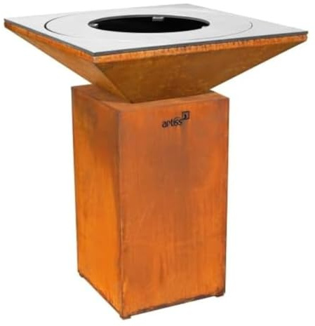 ARTISS Brasero 74 x 74 x 95 cm en acier Corten et acier inoxydable avec grille de cuisson plancha et bac à cendres - Brasero d'extérieur marron pour jardin, terrasse et barbecue