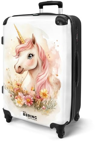 NoBoringSuitcases© Koffer Kinder Groß Reisekoffer Kinderkoffer 4 Rollen | 67x43x25 cm - Leicht Koffer Trolley Mittelgroß Hartschalenkoffer Kind Einhorn - Mähne - Rosa