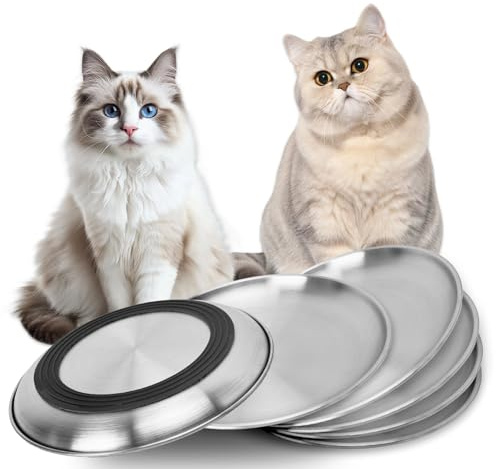 Elisabe Katzennapfe, Edelstahl Flache Katzenschalen mit Rutschfestem Boden, 17cm Anti Whisker Fatigue Futterschüssel Fressnapf und Wassernapf für Katzen und Kleintiere(6 Stück)