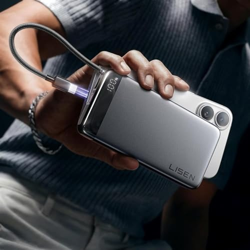 LISEN 20000mAh CCC Certified Power Bank with Built in USB-C Cable, 35W Travel Power Bank Fast Charging Flight Approved Portable Charger All Alloy USB C Powerbank for iPhone 17-15, Samsung, iPad