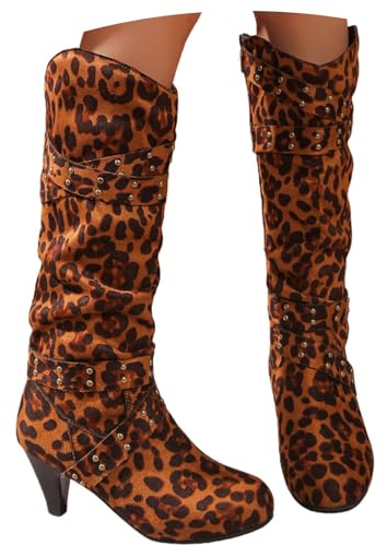 Vintage Höga Stövlar Med Leopardmönster Dammode Långa Stövlar Med Nitar Varma Mockaridstövlar Med Dragkedja Vinterstövlar Med Rund Tå Och Klack(Brown,42 EU)