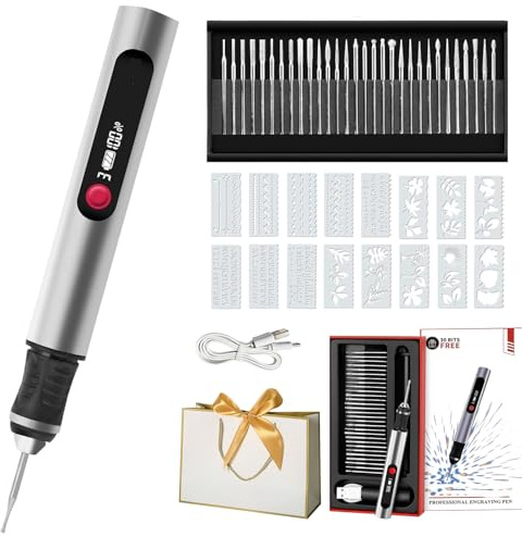 Kit Complet de Gravure Électrique – Le Graveur avec Capuchon de Stylo, Stylo Graveur Électrique avec 30 Pointes et 16 Gabarits pour DIY sur Métal, Bois, Verre, Plastique et Pierre (1pc)