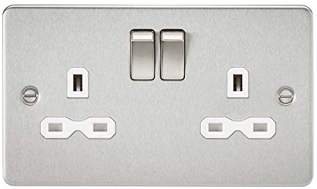Knightsbridge FPR9000BCW Flat Plate DP Switched Socket, Brushed Chrome with White Insert, 13 A, 2G