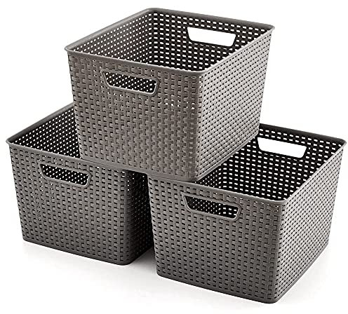 EZOWare 3er Set Aufbewahrungskiste aus Kunststoff in Rattan-Optik mit Griffen, 17L Aufbewahrungskörbe Organizer Korb - Grau