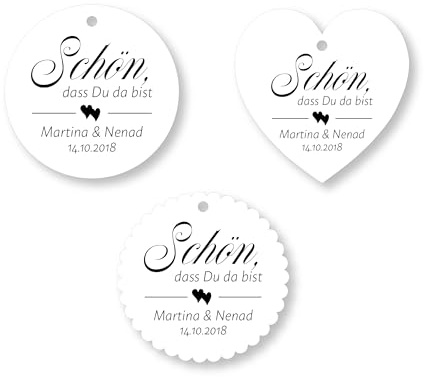 Geschenkanhänger Hochzeit „Schön, dass Du da bist“ – Papieranhänger & Tags für Gastgeschenke – Taufe, Kommunion, Konfirmation, Geburtstag – Herz, Kreis oder Wellenrand, personalisierbar