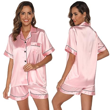 GAESHOW Damen Schlafanzug Set, Satin Pyjamas Damen mit Knopfleiste, Kurzarm und Shorts Zweiteiliger, V-Ausschnitt Seide Hausanzug, Loungewear für Vier Jahreszeiten, S-XXL